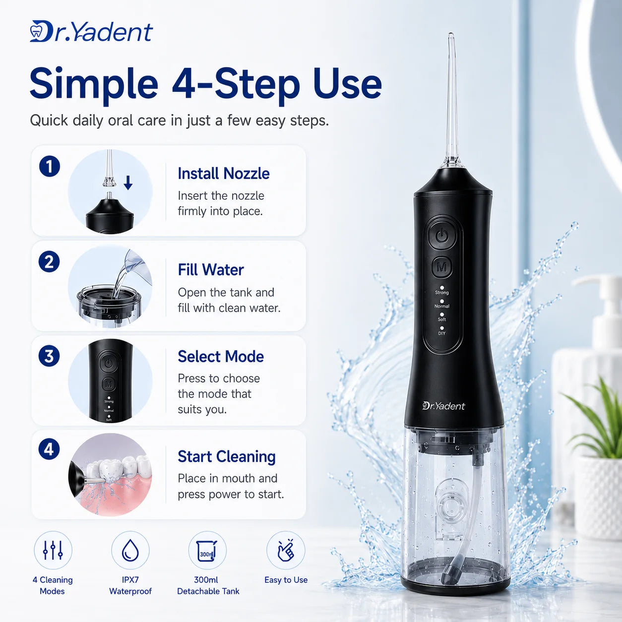 Dr.Yadent YD06 Kabelloser Munddusche Wasserflosser 300ML Tragbarer Wasserstrahl USB-C Schnellladung 7 Düsen 4 Modi IPX7 Wasserdicht