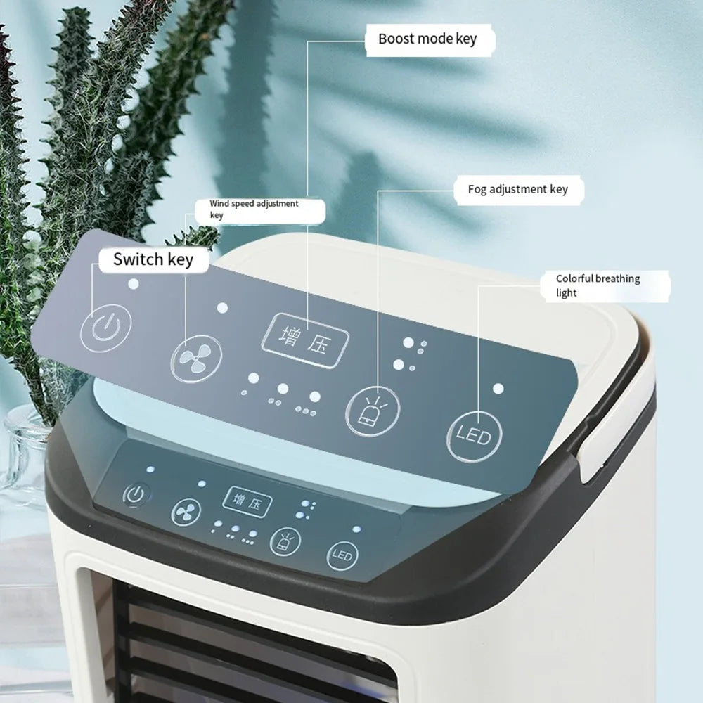 USB Tragbarer Klimaanlagen-Ventilator Dual-Nebelbefeuchter Eisbox 3-Gang Desktop-Kühlventilator mit LED-Nachtlicht