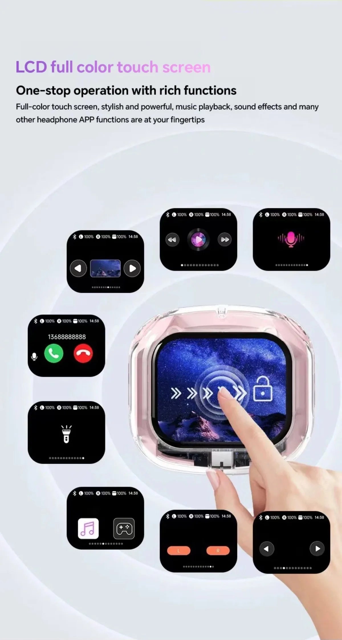Übersetzung Kopfhörer mit Touchscreen Kabellos Bluetooth 5.4 Smart Earphone HiFi Audio Hohe Qualität Transparente Hülle Headset