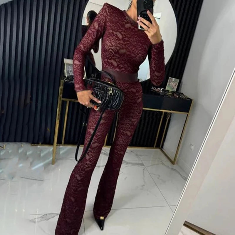 Elegante Damen-Büro-Hose, gerader Schnitt, sexy Overall mit O-Ausschnitt, Spitze, figurbetont, Club-Jumpsuit, Herbst, lässig, langärmelig, hohe Taille, Romper