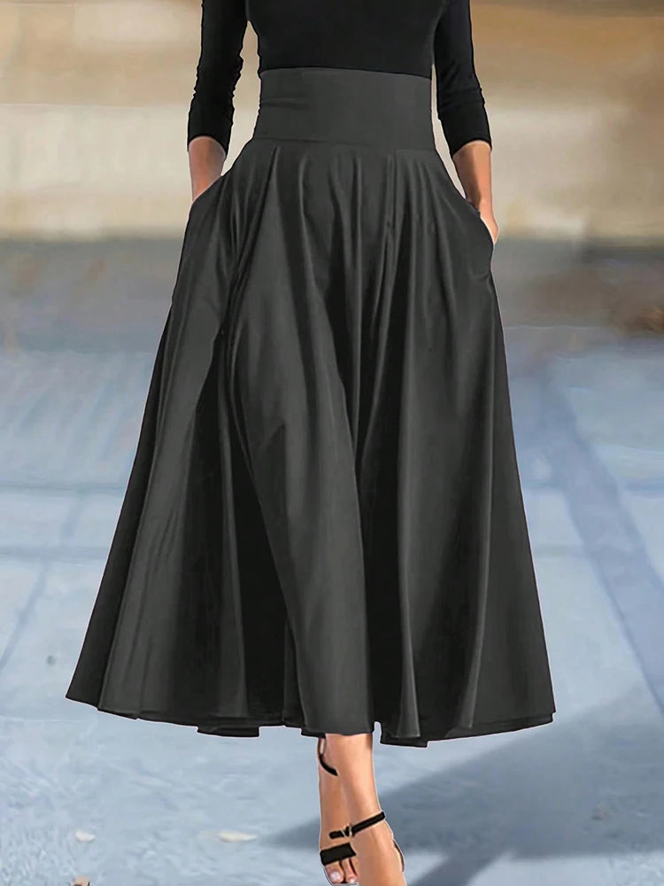 Neu eingetroffen: Kleider, einfarbige A-Linien-Röcke für Damen, Bekleidung, langer Rock mit hoher elastischer Taille für Damen mit Schleife, elegante Damenröcke