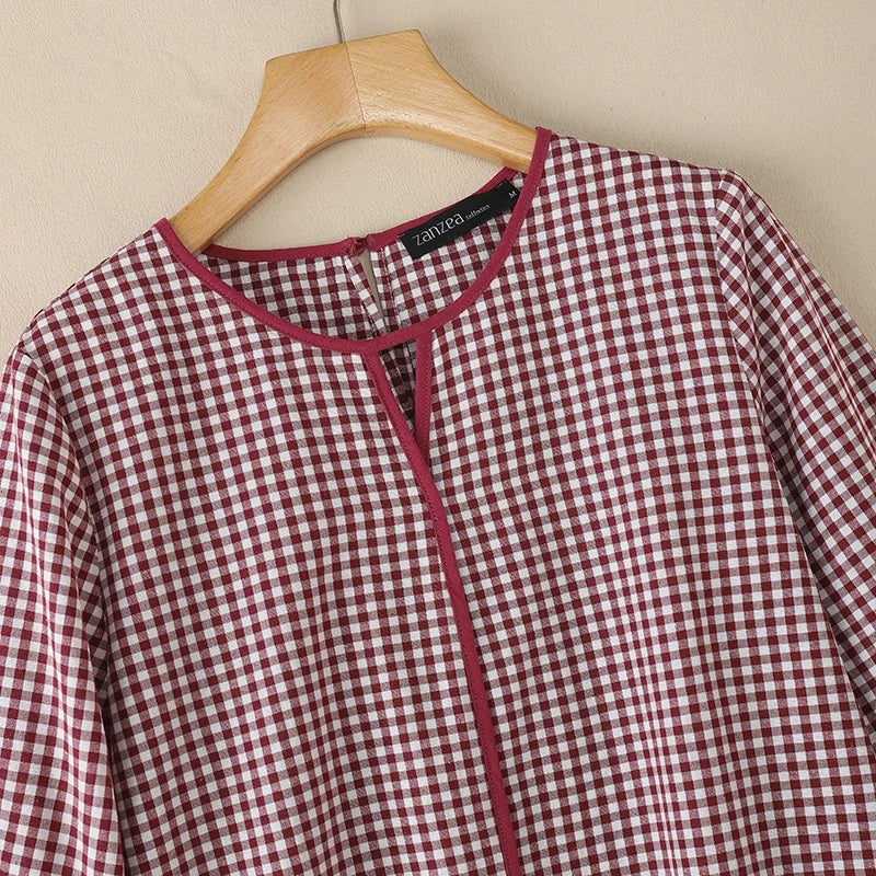 ZANZEA Damen Sommer Plaid Patchwork Bluse 3/4 Glockenärmel Cut Out Tops Lässiges lockeres Hemd Retro Chemise Damen Arbeitsblusen