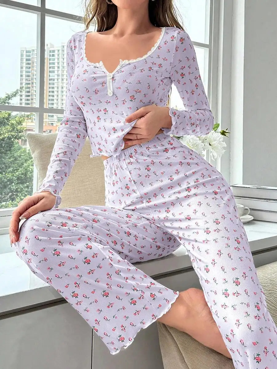 Women's Pajama Set Lace Buttons Trims Sleepwear Slim Long-sleeved Trousers Floral Print Stylish sexy Loungewear Nightwear Pyjama