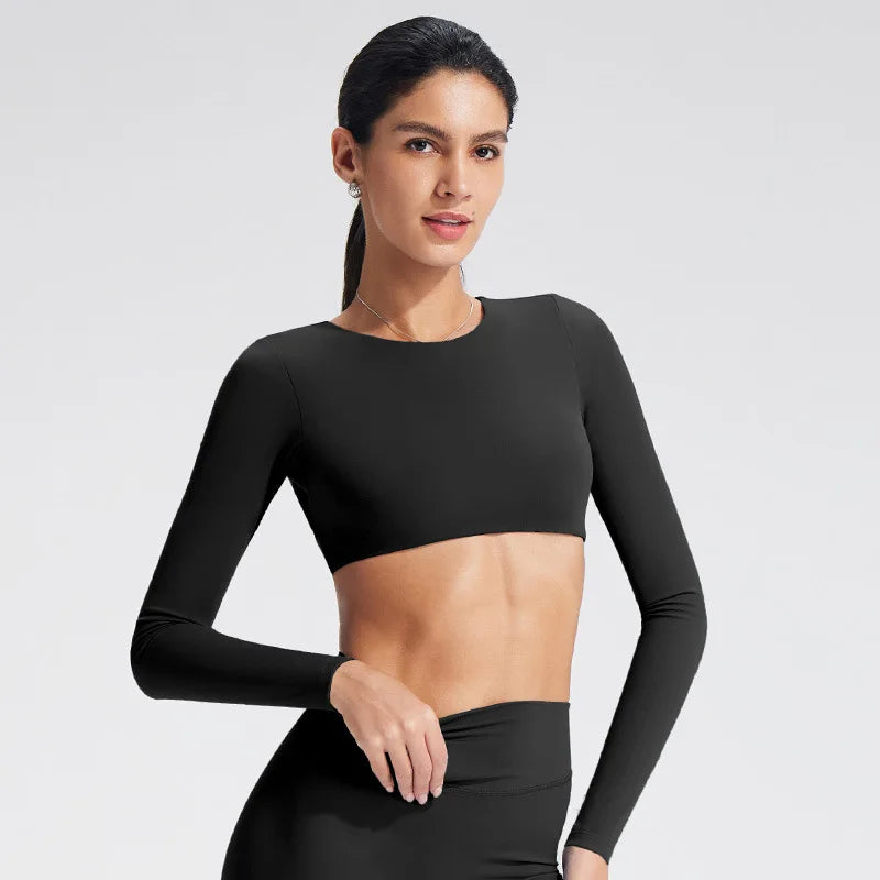 NCLAGEN Yoga-Top mit integriertem BH, langärmeliges Damen-Gym-Oberteil, rückenfreies Workout-Shirt, hochelastisches atmungsaktives Fitness-Shirt
