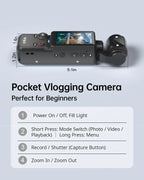 4K HD-Videokamera mit 1,9" CMOS, wiederaufladbar über USB, 180° drehbarer Action-Camcorder für Vlogging, Live-Streaming