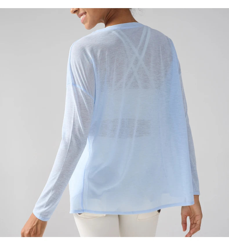 Mode Damen Atmungsaktive Lockere Schnelltrocknende Langarm Yoga Shirts Schlankmachende Seitenschlitze Freizeit Laufen Fitness Radfahren Oberteile