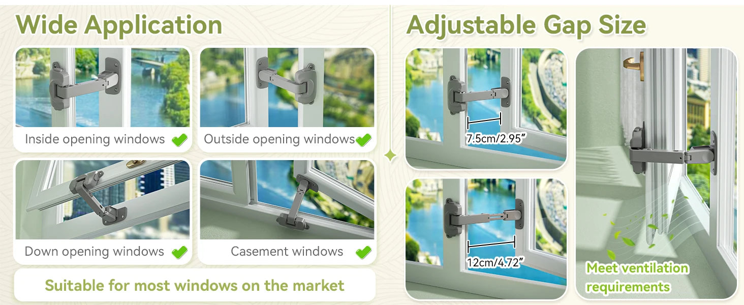 Aktualisiertes Babyfenster-Sicherheitsschloss, kindersicherer Fensterbegrenzer für Kunststofffenster, verstellbarer Fensterriegel für Holz- und Metallrahmen