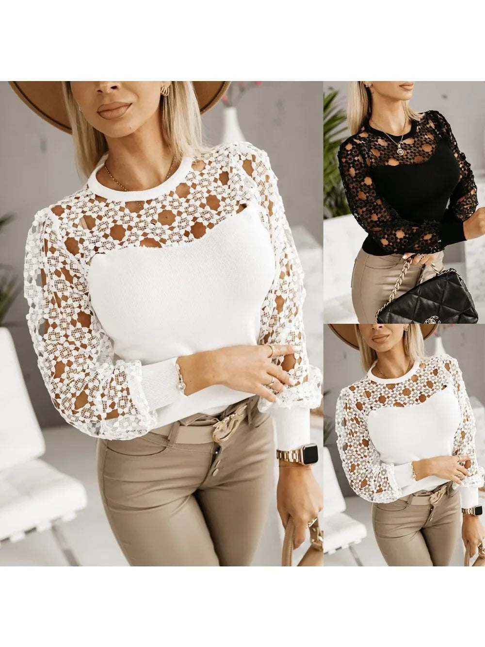 Damenmode Hohl Kontrast Spitze Spleißhemd Damen Temperament Langarmhemd Rundhalsbluse Zweitbild