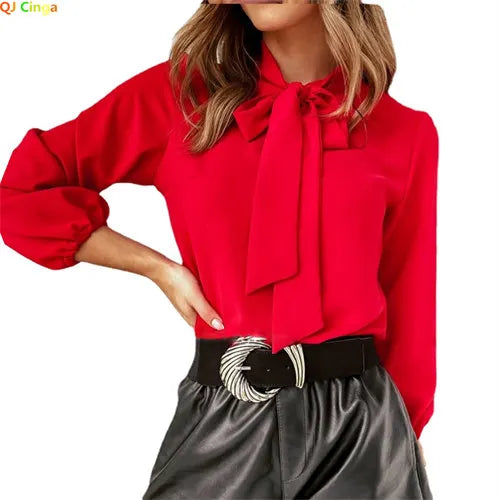 2026 Spring New Women's Stand-up Collar Long-sleeved Shirts, Fashion Office Casual Shirt, White Red Black Camisa Female Chemise