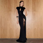 Schwarze Abendkleider mit hohem Schlitz, Rollkragen, Reißverschluss, schmal geschnitten, figurbetonter Rock, sexy heißes Mädchen-Nachtclub-Kleid für Damen Streetwear
