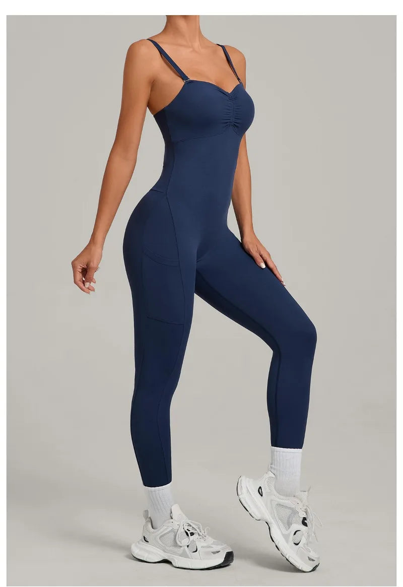 Damen Yoga Jumpsuits Sport Fitness Einteiler Schönheits-Rückengurt Tasche Hüfthebend Slim Fit Laufen Workout Training Bodysuit