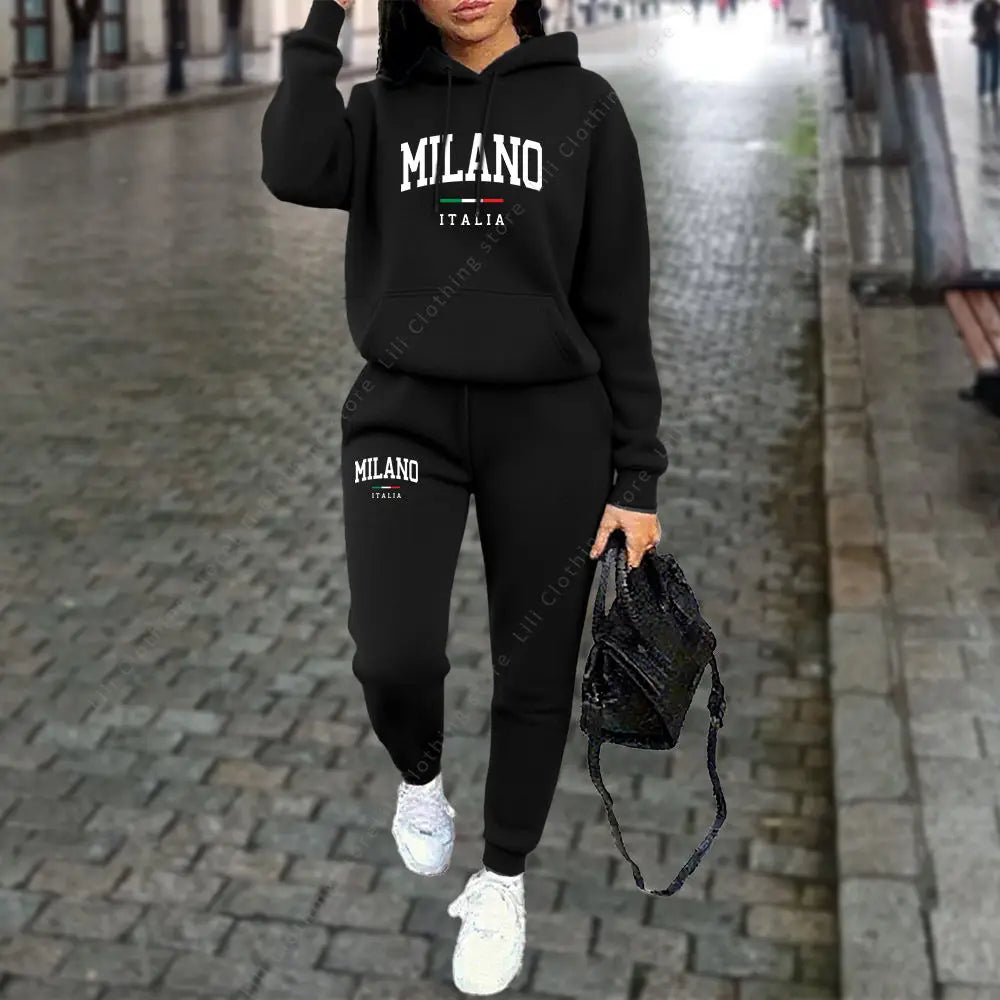 Herbst Winter Damen Sets 2-teilige Hoodies Hosen Anzug Sport Outfits 2025 MILANO Buchstaben-Print Ästhetische Kleidung Damen Trainingsanzug