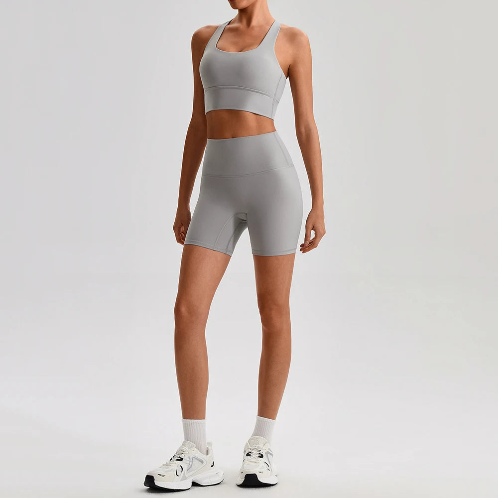 Buttery Soft Nylon Yoga Set Crisscross Back Sports Bra High Waist Biker Shorts 2 Piece Gym Set Workout Outfit Women Activewear