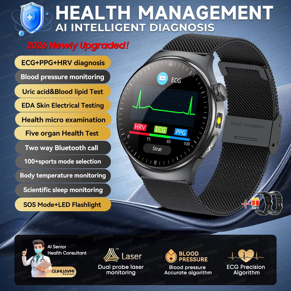 2026 Neue Mikrophysikalische Untersuchung Gesundheits-Smartwatch Herren EKG Harnsäure Lipide Blutdruck BT Anruf Smartwatch Für Android IOS