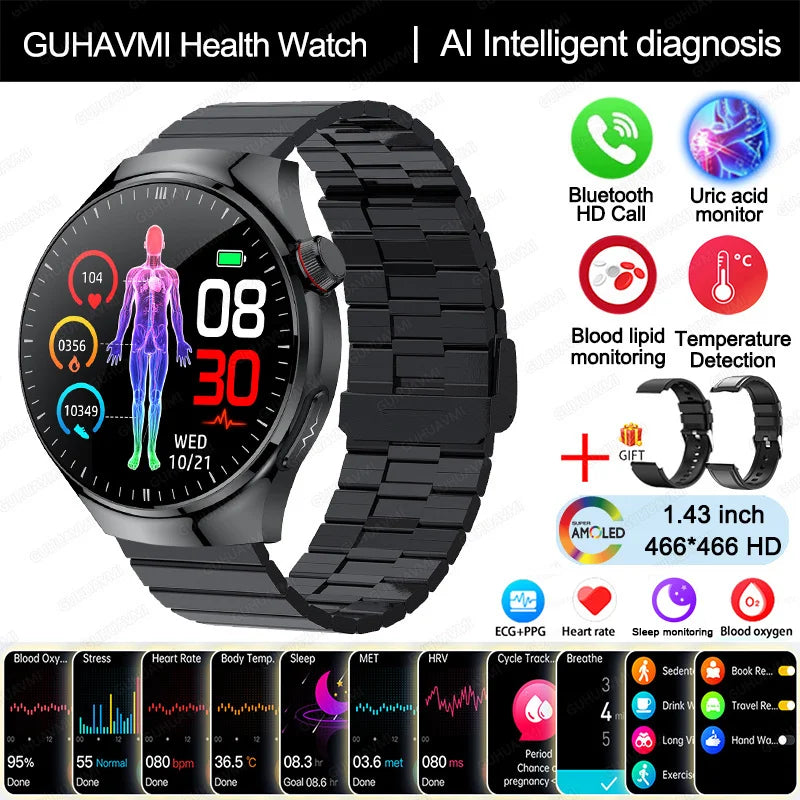 2025 Neue Smartwatch für die Krankenpflege: Blutsauerstoff, Blutfett, Harnsäure, EKG+PPG, Körpertemperatur, Bluetooth-Anruf, Gesundheits-Smartwatch