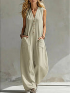 Jumpsuits Damen 2026 Playsuits Doppel-Taschen lässige Leinen-Baumwoll-Ärmellose lange Jumpsuits Damenbekleidung
