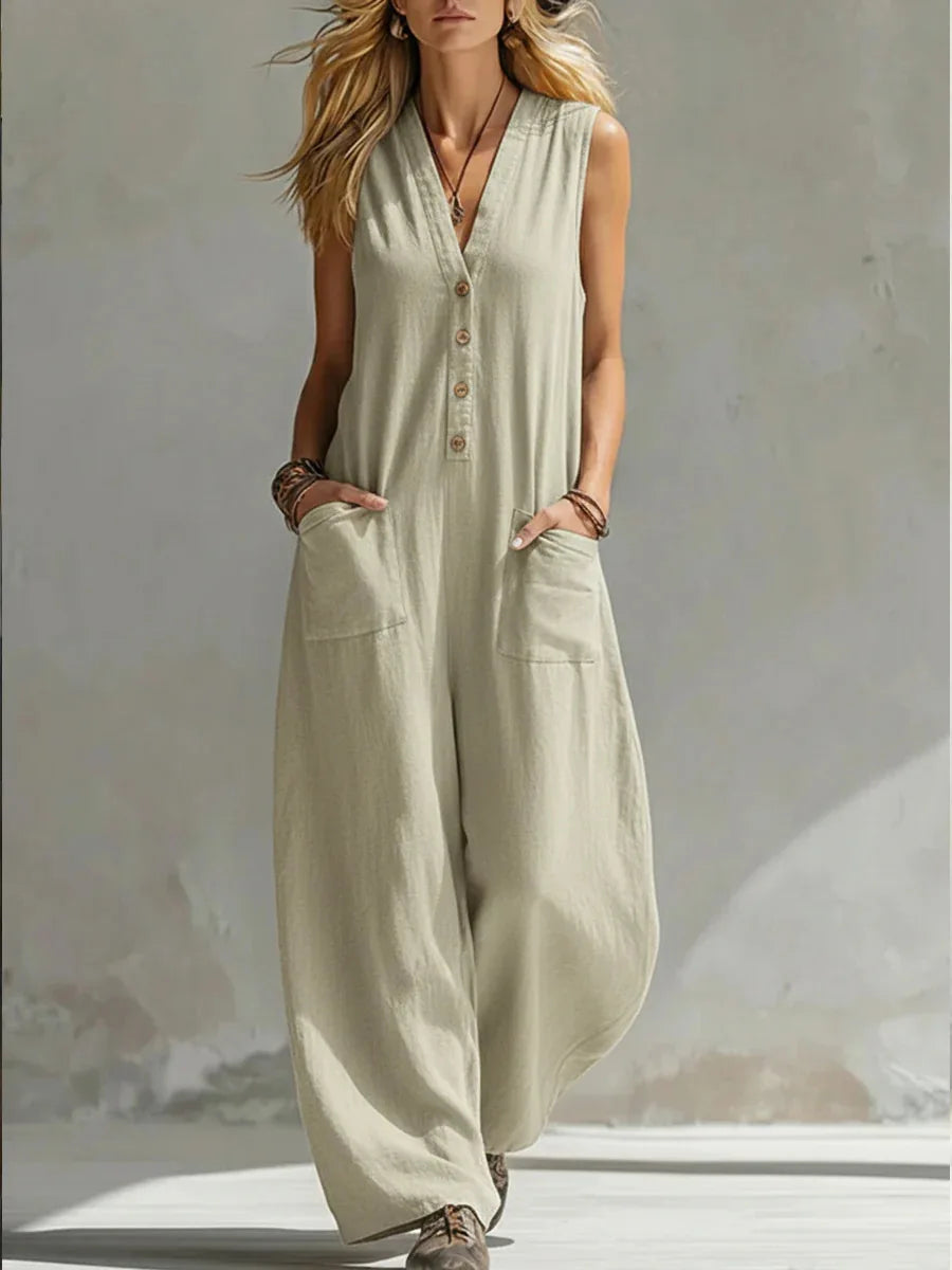 Jumpsuits Damen 2026 Playsuits Doppel-Taschen lässige Leinen-Baumwoll-Ärmellose lange Jumpsuits Damenbekleidung