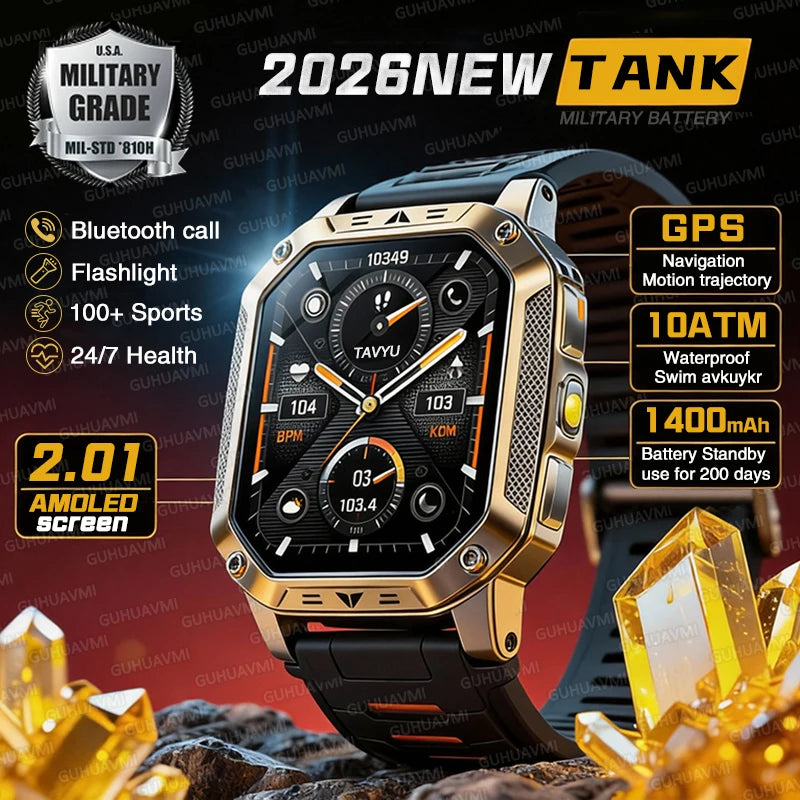 2026 TANK Neue 1400mAh Militär GPS Smartwatch Herren 2.01" AMOLED-Bildschirm 10ATM Wasserdichte Uhr SOS Anruf Taschenlampe Smartwatch iOS