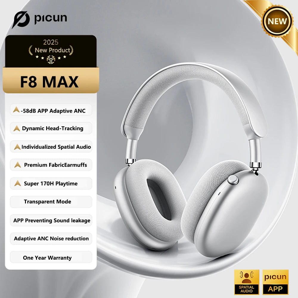 Picun F8MAX ANC Kabellose Kopfhörer 59dB Hybrid Active Noise Cancelling Spatial Audio Earphone Bluetooth 6.0 Over-Ear Headset 180H