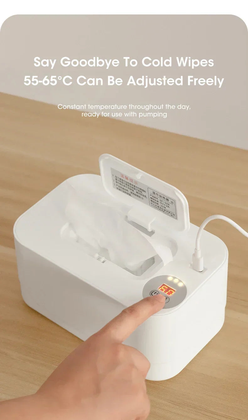 Baby Wipe Warmer Heater with LED Display, Wet Towel Dispenser Portable USB Charge Baby Wipe Warmer Napkin Heating Box Home/Car