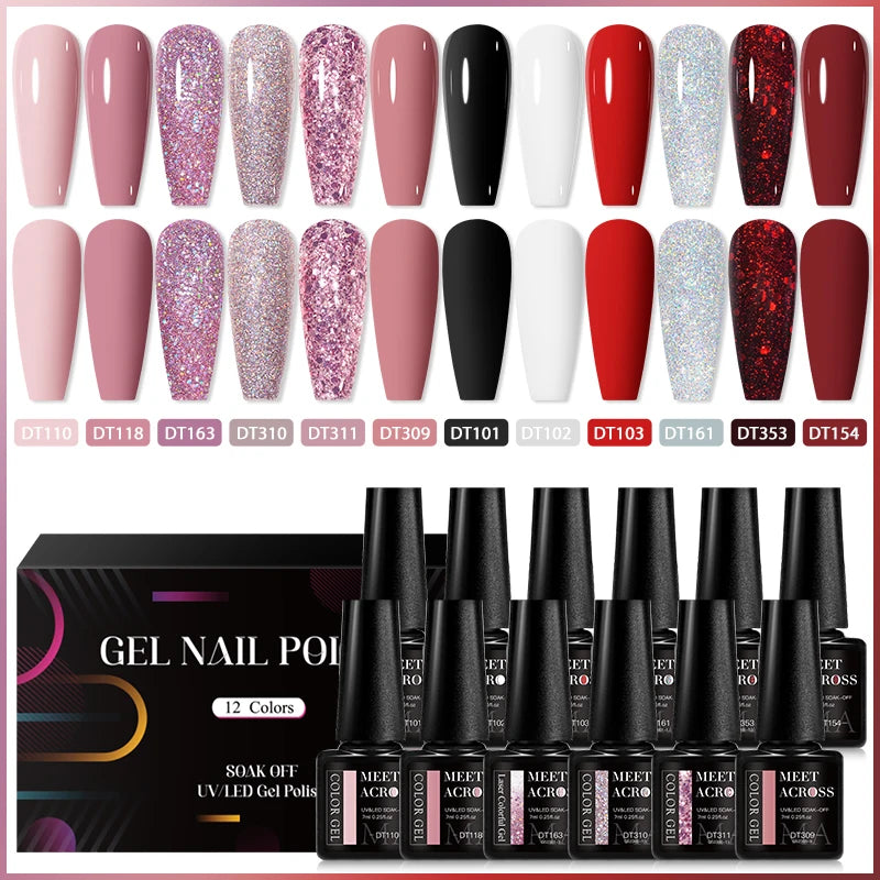 MEET ACROSS 12tlg/Set 7ml Macaron Gel Nagellack mit Box Semi-permanenter UV-Gel Soak Off Nail Art Kit Nagellack für Maniküre