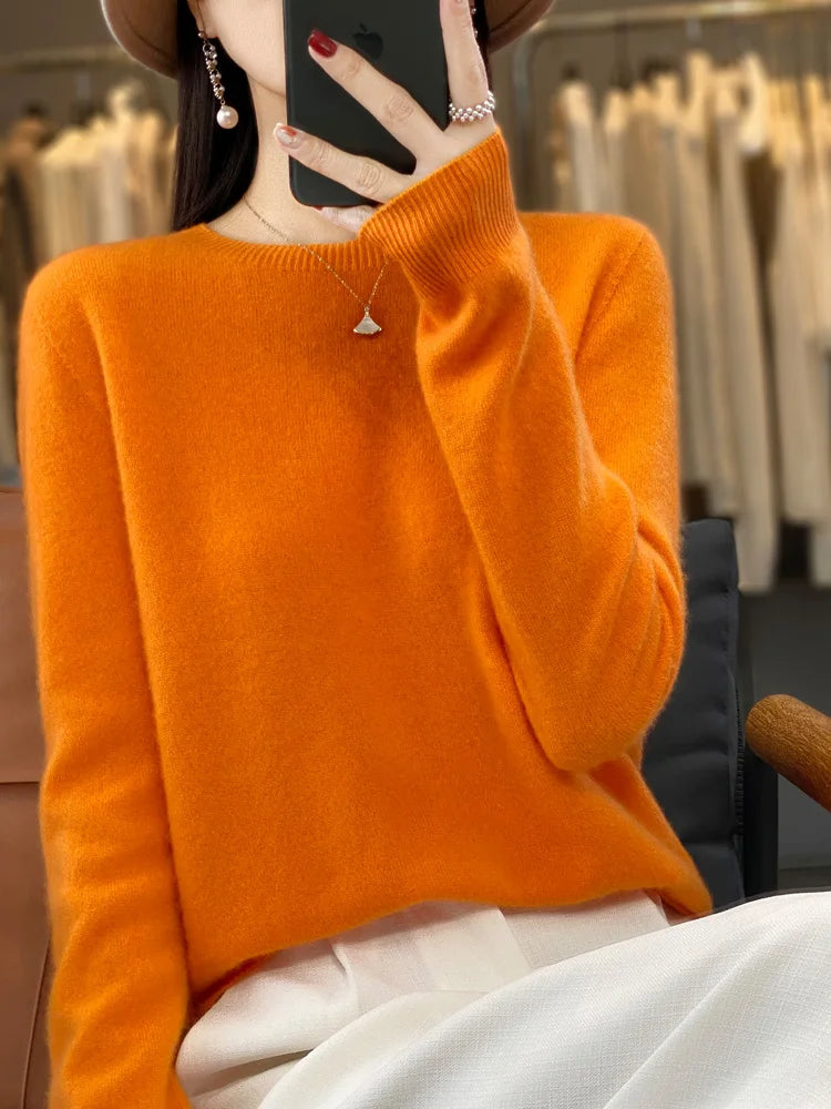 100 % Merinowolle Pullover Damen O-Ausschnitt Kaschmir Strickwaren Female Pullover Herbst Winter Freizeit Oberteile Einfarbig Weiche Kleidung