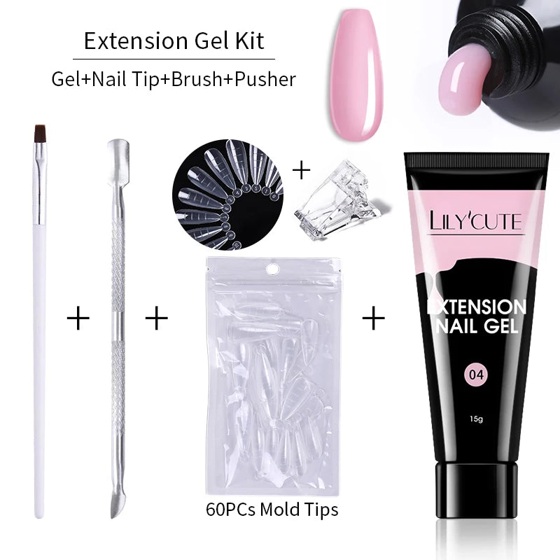 LILYCUTE 15ml Verlängerungsgel-Nagellack-Set Quick Nail Prolong mit Verlängerungsform-Nagelspitzen Acryl-Lösung Maniküre-Werkzeug-Kit
