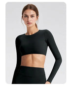 NCLAGEN Sport-Oberteile Gym Damen Fitness T-Shirt Langarm Offener Rücken Pilates Yoga Gepolstertes Crop Top Laufen Workout Fitness Bluse