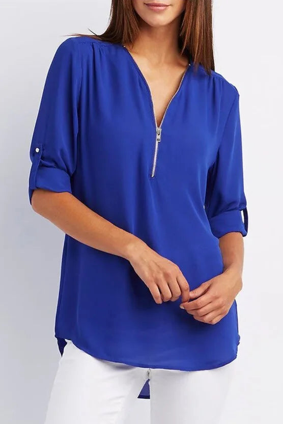 2024 Qualität Heißer Verkauf Plus Size Tiefer V-Ausschnitt Damenbluse Chiffon Coole lockere Hemd Mode Freizeit Damen Tops Sexy Reißverschluss Pullover