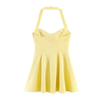 HH Sommer elegantes Neckholder-Faltenkleid einfarbig elegant kurz für Damen sexy rückenfreies ärmelloses Party-Minikleid Mujer