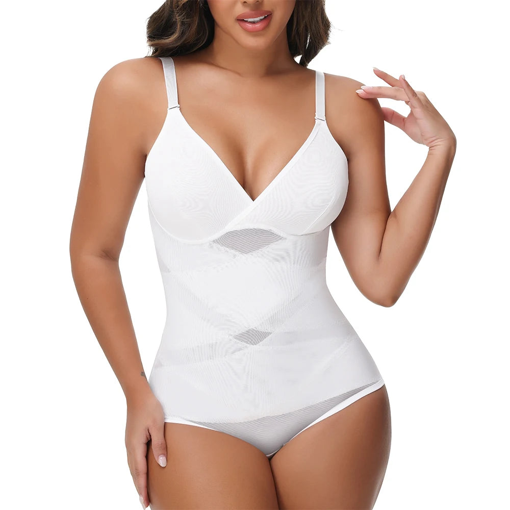 Cross Waist Tummy Control Body Shaping Bodysuit für Damen Ganzkörperkontrolle V-Ausschnitt Mesh Atmungsaktiver Slip Unterwäsche Po-Former