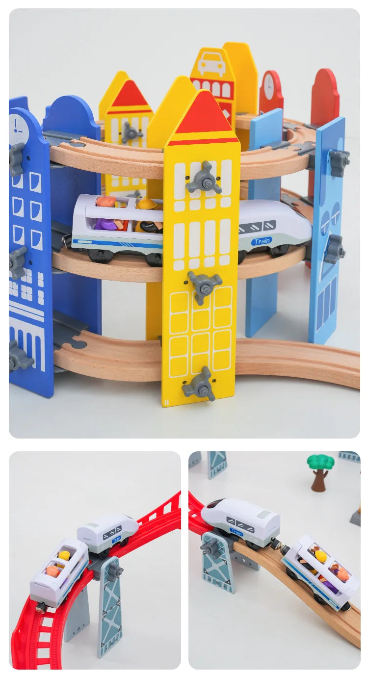 Neues Holzeisenbahn-Schienenset, elektrischer Zug, Magnetauto, Druckguss-Steckplatz, passend für alle Marken, Biro Holzschienen, Montagespielzeug, Jungen-Geschenk