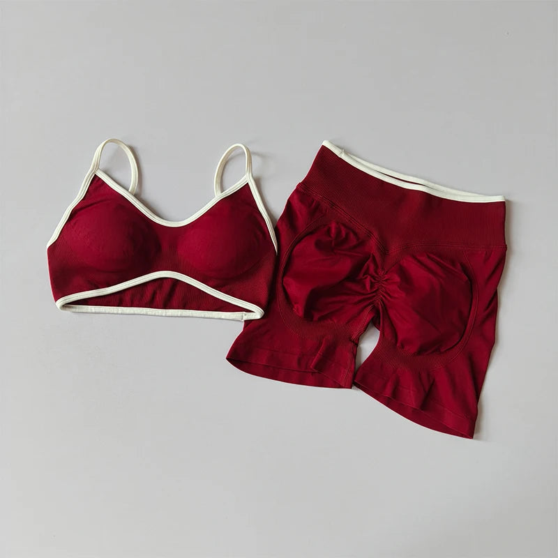2-TEILIGER Yoga-Anzug Nahtlos mit Brustpolster Enge Sport-BHs und High-Waist-Shorts zum Draußen Tragen, Laufen, Training, Fitness, Yoga-Set