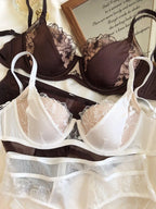 YUQI Französisches Retro-Spitzen-Dessous-Set – Push-up-Minimizer-BH mit weichem Bügel für große Oberweite, sexy Bralette- und Höschen-Set, Bestseller