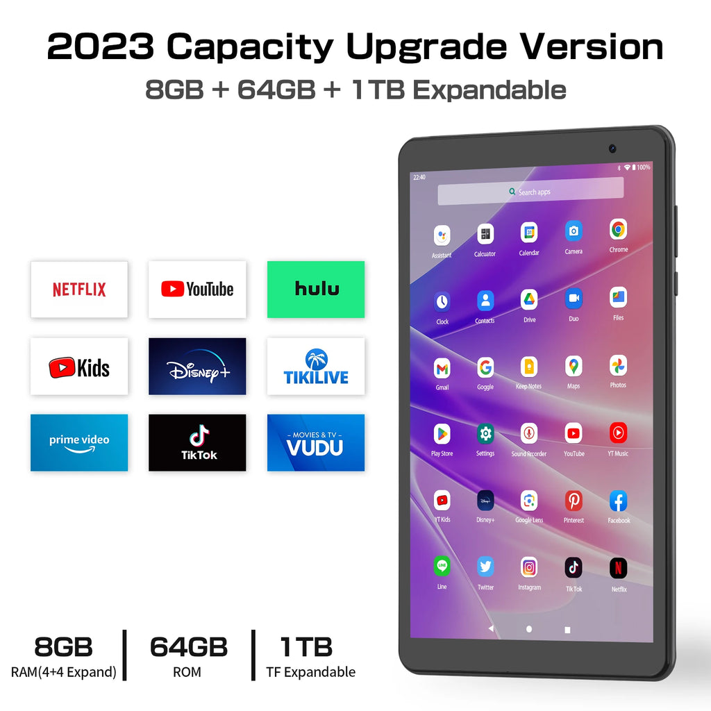PRITOM 8 Zoll Tablet Android 13, 8GB (4+4 erweiterbar) RAM 64GB ROM, 1TB erweiterbar, 1280x800 IPS-Display, 5000mAh Akku, Dual-Kamera, WiFi
