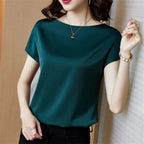 Office Lady Tops Sommer Kurzarm O-Ausschnitt Blusen Satinbluse Damenhemden Einfarbig Schlicht Leger Locker Hemd Blusen DF4904