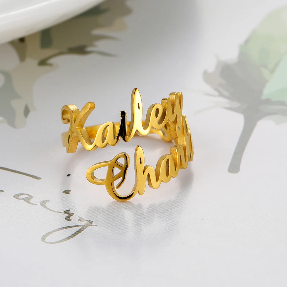 Personalisierter Doppel-Vorname-Ring für Damen und Herren, personalisiertes Paar-Familien-Geschenk, goldfarbener Edelstahl-Metallschmuck