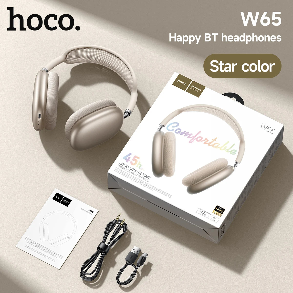 hoco Over-Ear Bluetooth 5.4 Kopfhörer Sport Kabellose Ohrhörer Headsets mit Mikrofon für Telefonate Stoff-Ohrpolster