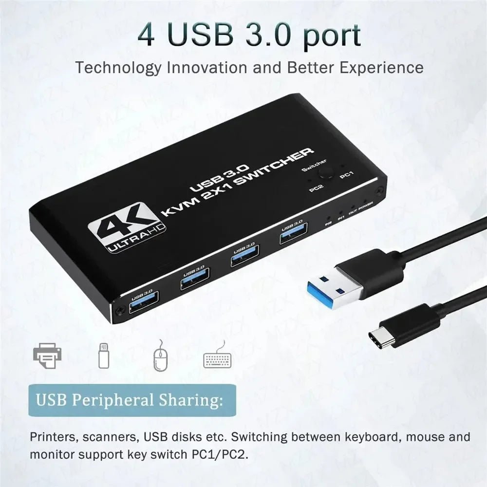 KVM Switch 4K 60Hz Umschalter USB 3.0 Hub Dockingstation Splitter Dock 2 Computer Tastatur Maus Drucker PC Zubehör teilen