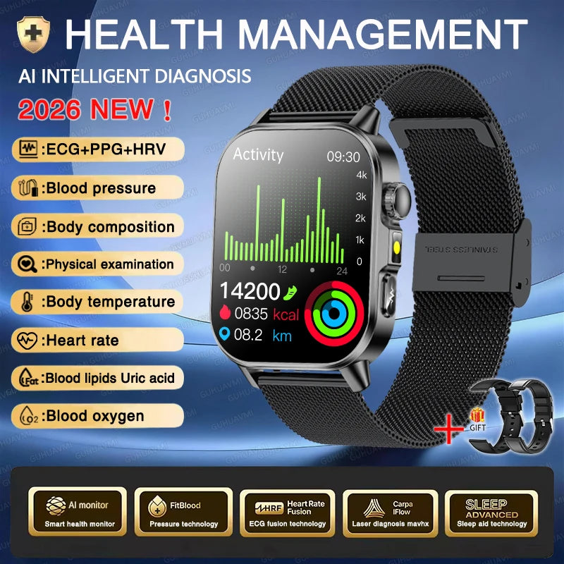 Neue Herren Smartwatch für präzise Gesundheitsdiagnose: EKG, Blutdruck, Blutsauerstoff, Blutfett, Harnsäure, Temperatur, Bluetooth-Anruf