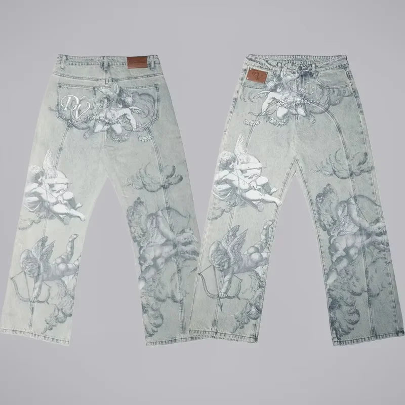 Y2K Black Washed Bestickte High-Waisted Oversized Jeans Herren Europäischer und Amerikanischer Retro Klassiker Lockere Weite Gerader Schnitt Hosen