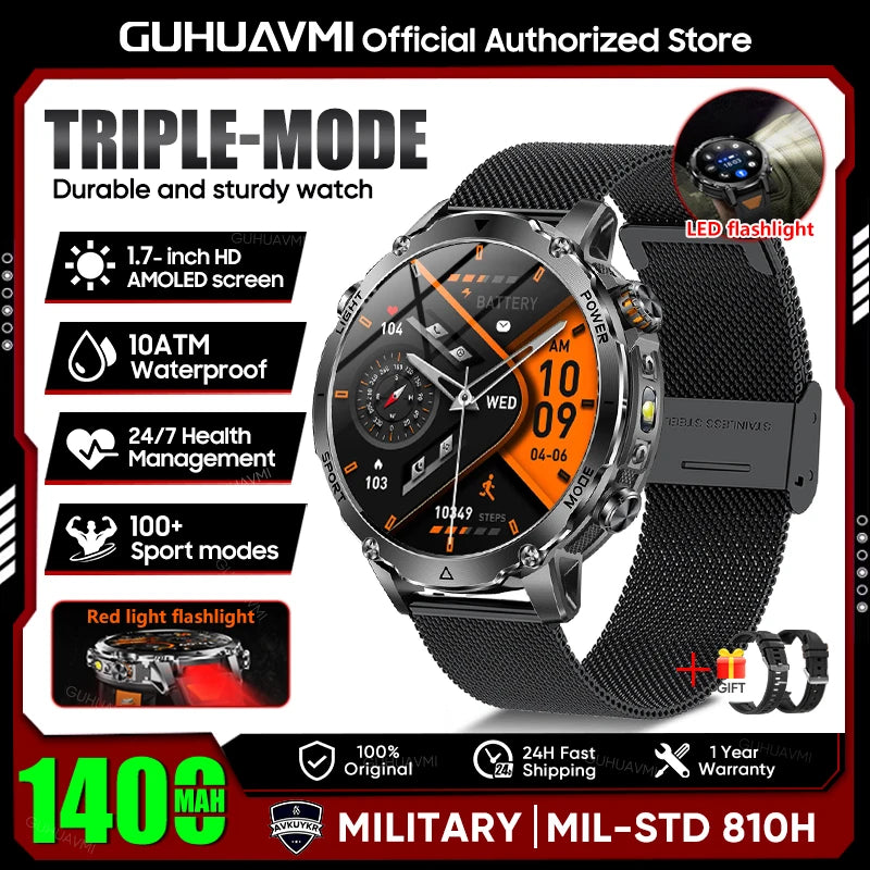 2026 Neue TANK Ultra 1400mAh Akku Militär Smartwatch 10ATM Wasserdicht Herzfrequenz Taktische LED Taschenlampe Herren Sportarmband