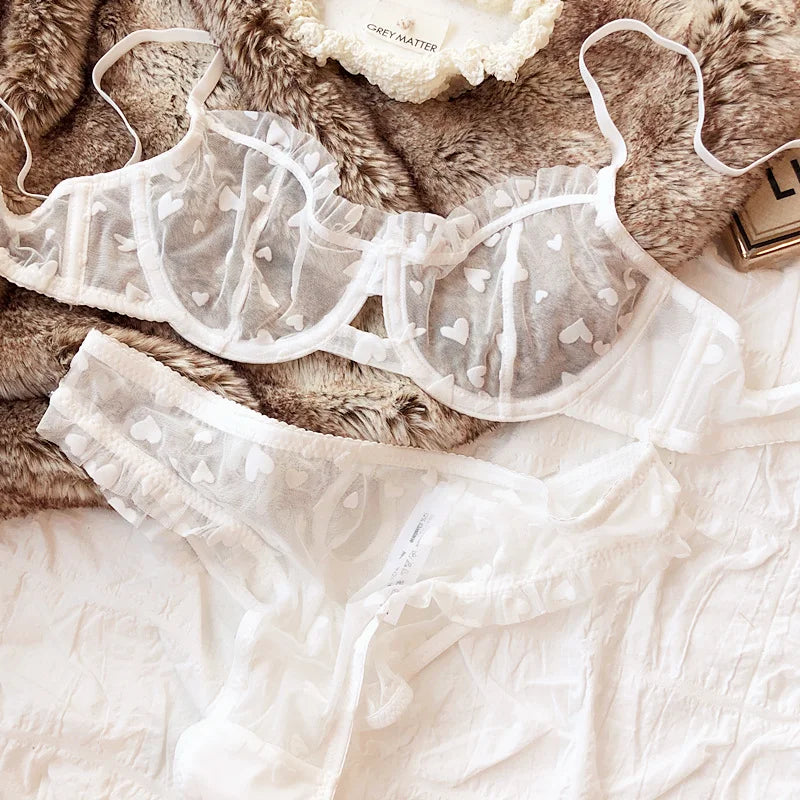 Neues Dessous-Tangas-Set, sexy, ultradünner transparenter BH, Damen-Bügel-Push-up-BH-Set, sommerliche, romantische Pfirsichherz-Unterwäsche