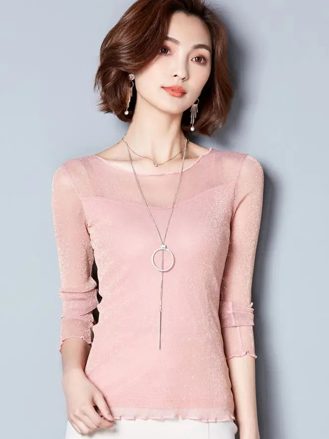 Glitzer-Netzbluse Sexy Damen Shirts Langarm-Oberteile Koreanisch Schwarz Pink O-Neck Elegante Slim Bluse Camisas Femininas