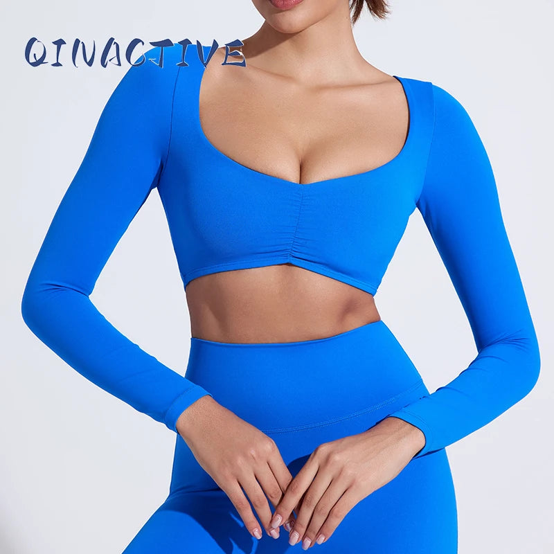 QINACTIVE Damen Yoga Shirts Crop Top Langarmshirts für Damen Yoga Sport Fitness Gym Kleidung Workout Tops