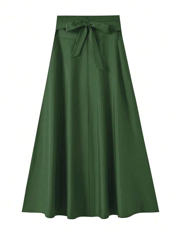 Neu eingetroffen: Kleider, einfarbige A-Linien-Röcke für Damen, Bekleidung, langer Rock mit hoher elastischer Taille für Damen mit Schleife, elegante Damenröcke