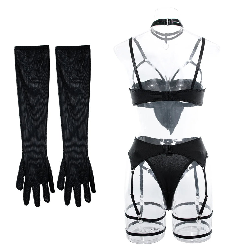 Sexy Dessous-Set mit Schleifenverzierung, durchbrochen, für Damen, einfarbig, exotische Bekleidung, weiblicher Stil, reine Begierde, Unterwäsche mit Strapsen und Handschuhen