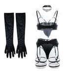Sexy Dessous-Set mit Schleifenverzierung, durchbrochen, für Damen, einfarbig, exotische Bekleidung, weiblicher Stil, reine Begierde, Unterwäsche mit Strapsen und Handschuhen
