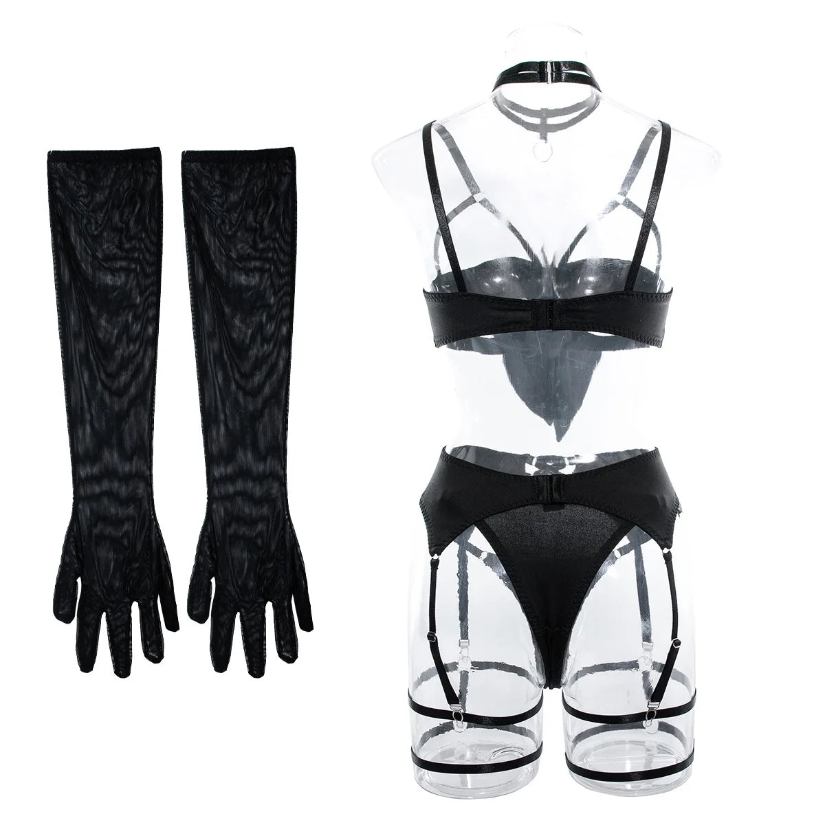 Sexy Dessous-Set mit Schleifenverzierung, durchbrochen, für Damen, einfarbig, exotische Bekleidung, weiblicher Stil, reine Begierde, Unterwäsche mit Strapsen und Handschuhen