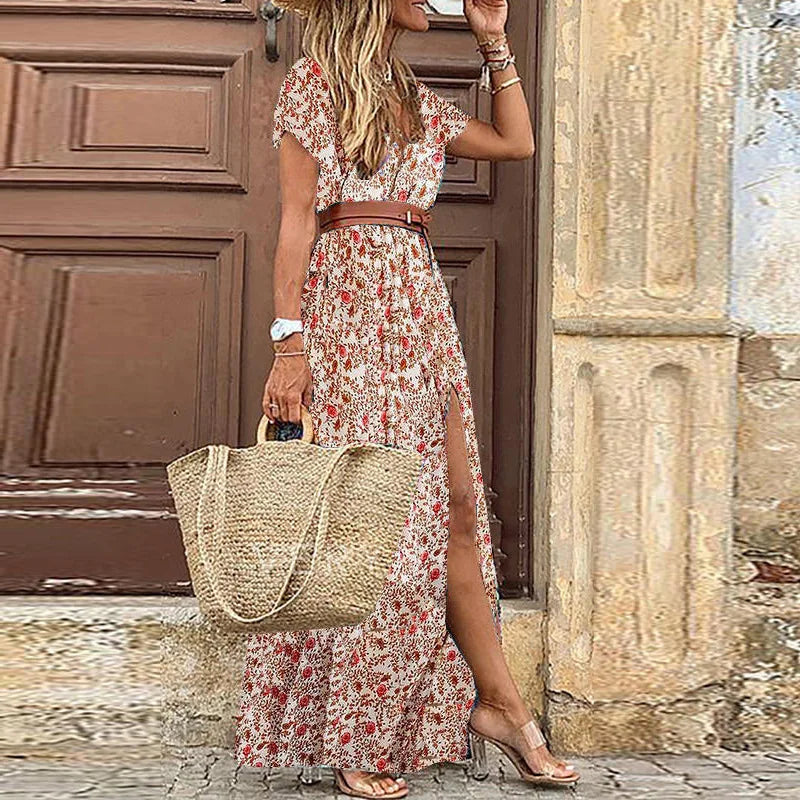 Sommer Bohemian Damen Maxikleid 2024 V-Ausschnitt Kurzarm Geblümt Strand Elegant Vintage Kleid mit Gürtel